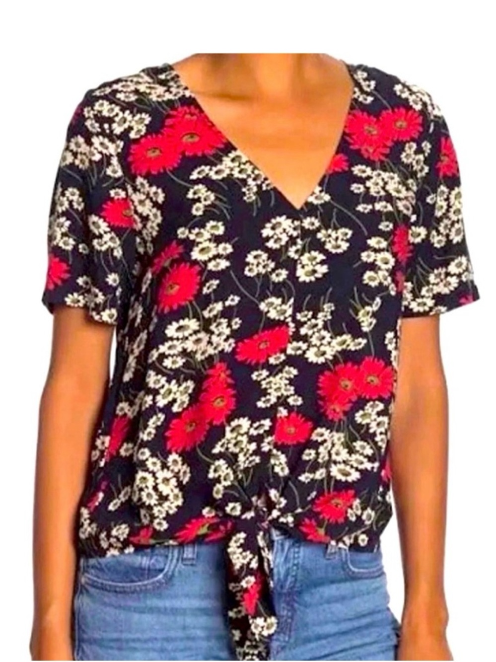 Madewell Navy Hillside Daisy V-Neck Tie-Front Top with Floral Print Sz M